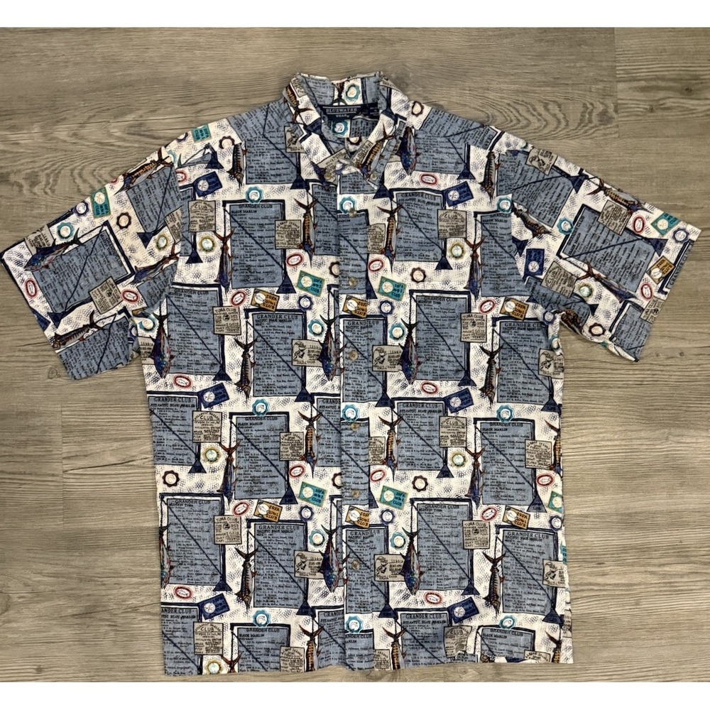 Vintage Bluewater Wear Shirt Mens XL Blue Hawaiian Fishing Nautical Marlin Tuna